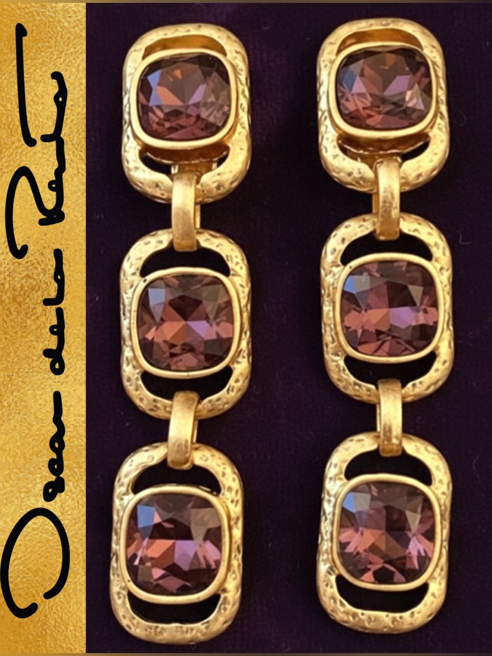 OSCAR DE LA RENTA Amethyst Crystal Earrings✨Gold Triple Drop Rectangles ✨Post